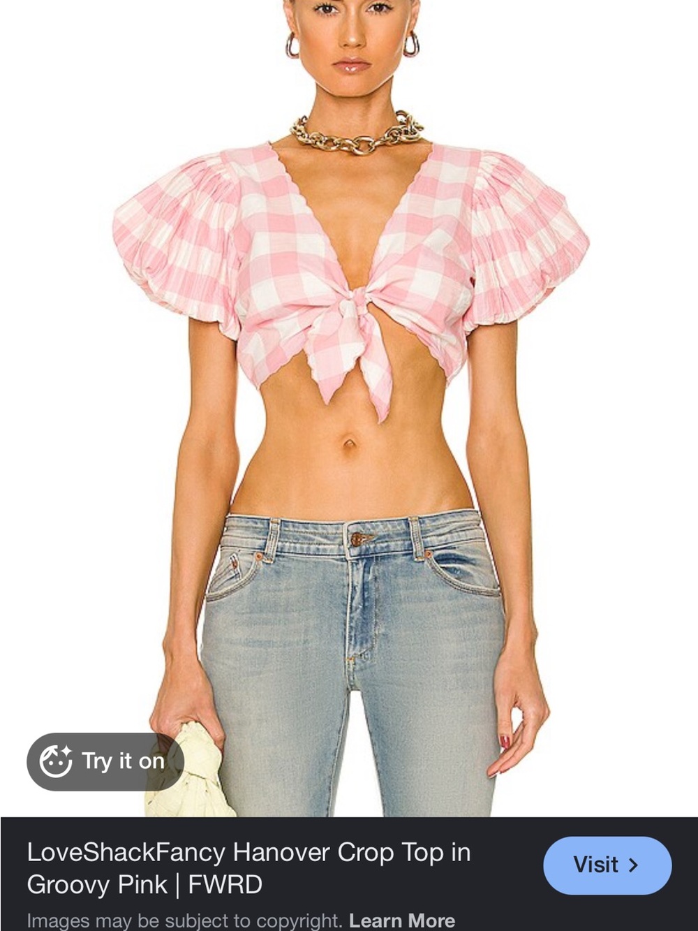 LoveShackFancy Pink Gingham Tie-Front Crop Top
